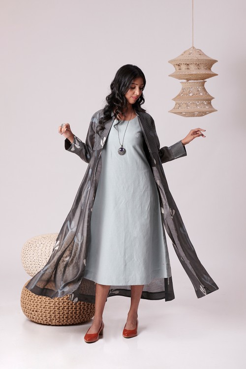 kalopsia chanderi silk long jacket with a statement dabu print