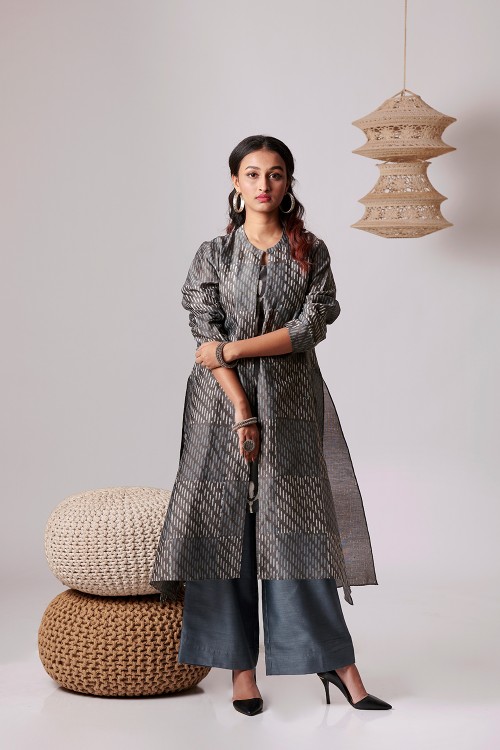 kalopsia - chanderi silk jacket with an all-over dabu print