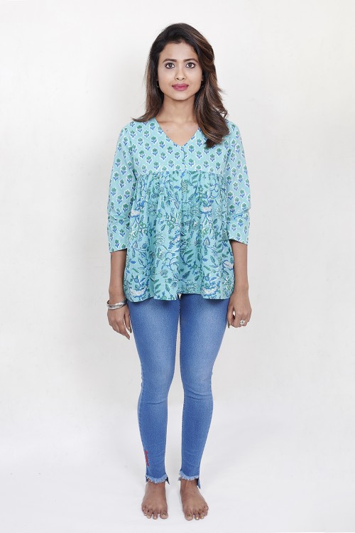 blue gathered top